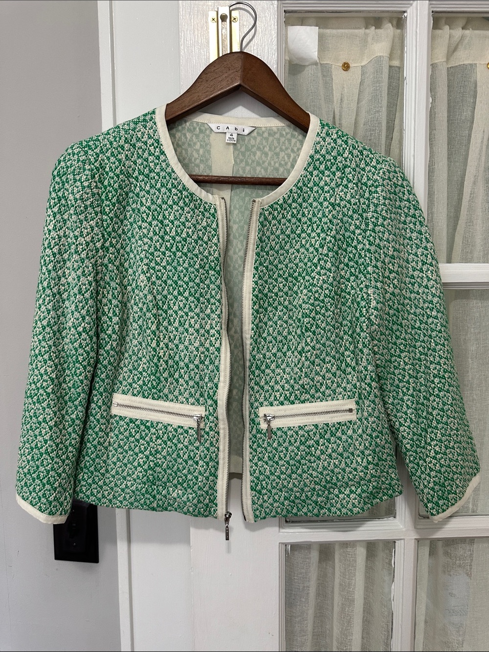 CAbi Green and Cream Tweed Zip-Front Cropped Jacket